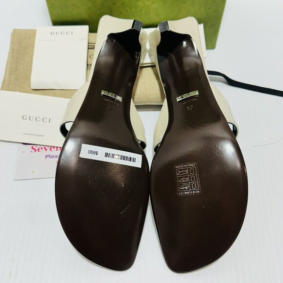 Gucci Mariame 55mm Horsebit White Leather Thong Heel Sandals Size 37/ 7 NIB $890 - Picture 10 of 12